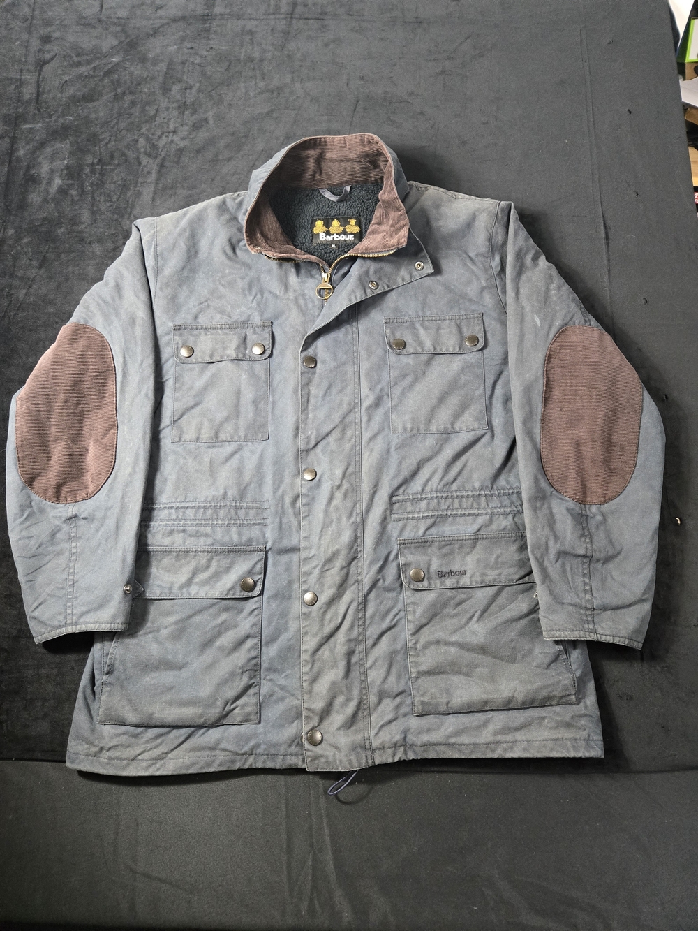Barbour Men's Waxed Cotton Field Jacket in Slate Blue with Brown Elbow Patches